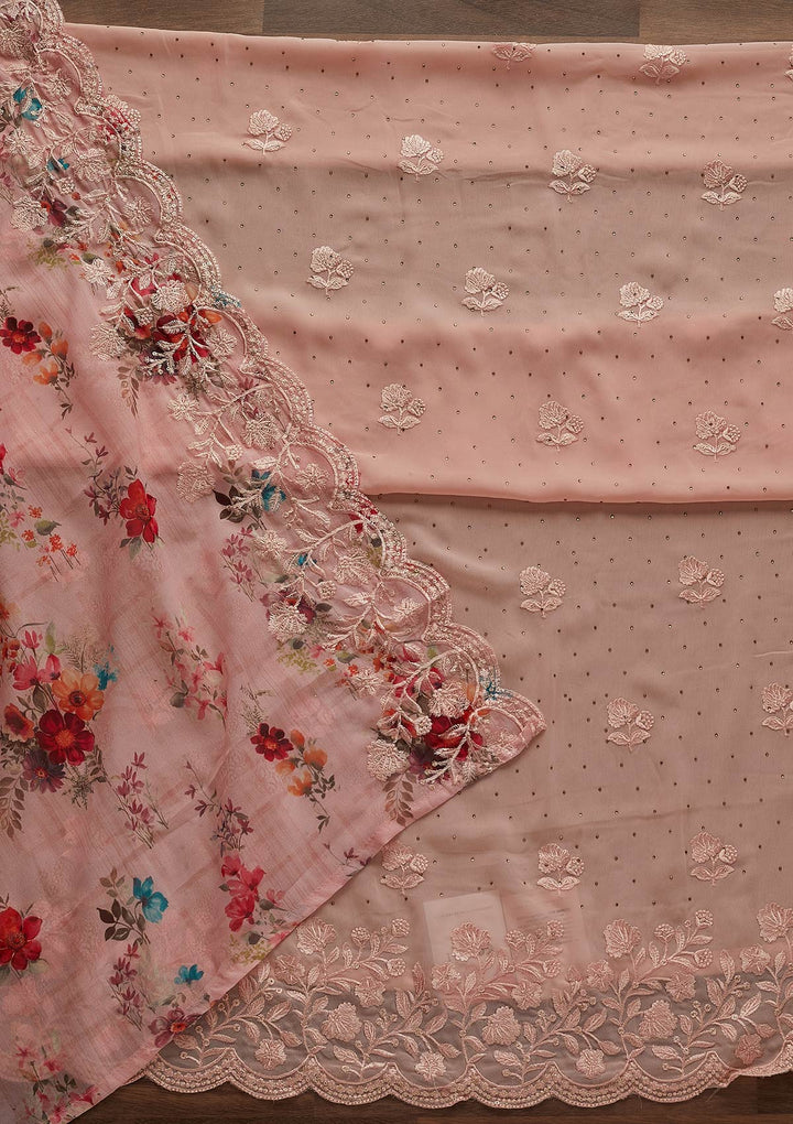 Peach Swarovski Georgette Designer Unstitched Salwar Suit - Koskii