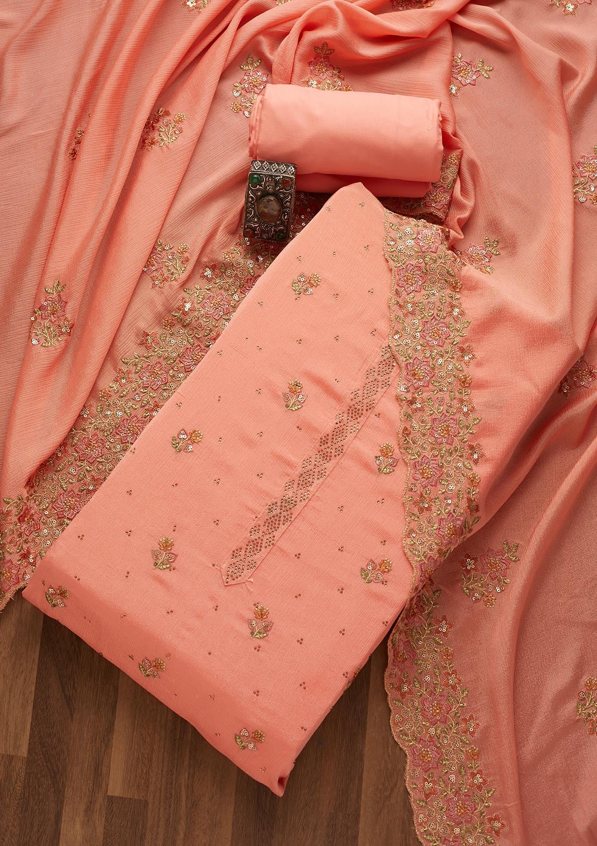 Peach Swarovski Georgette Unstitched Salwar Suit-Koskii