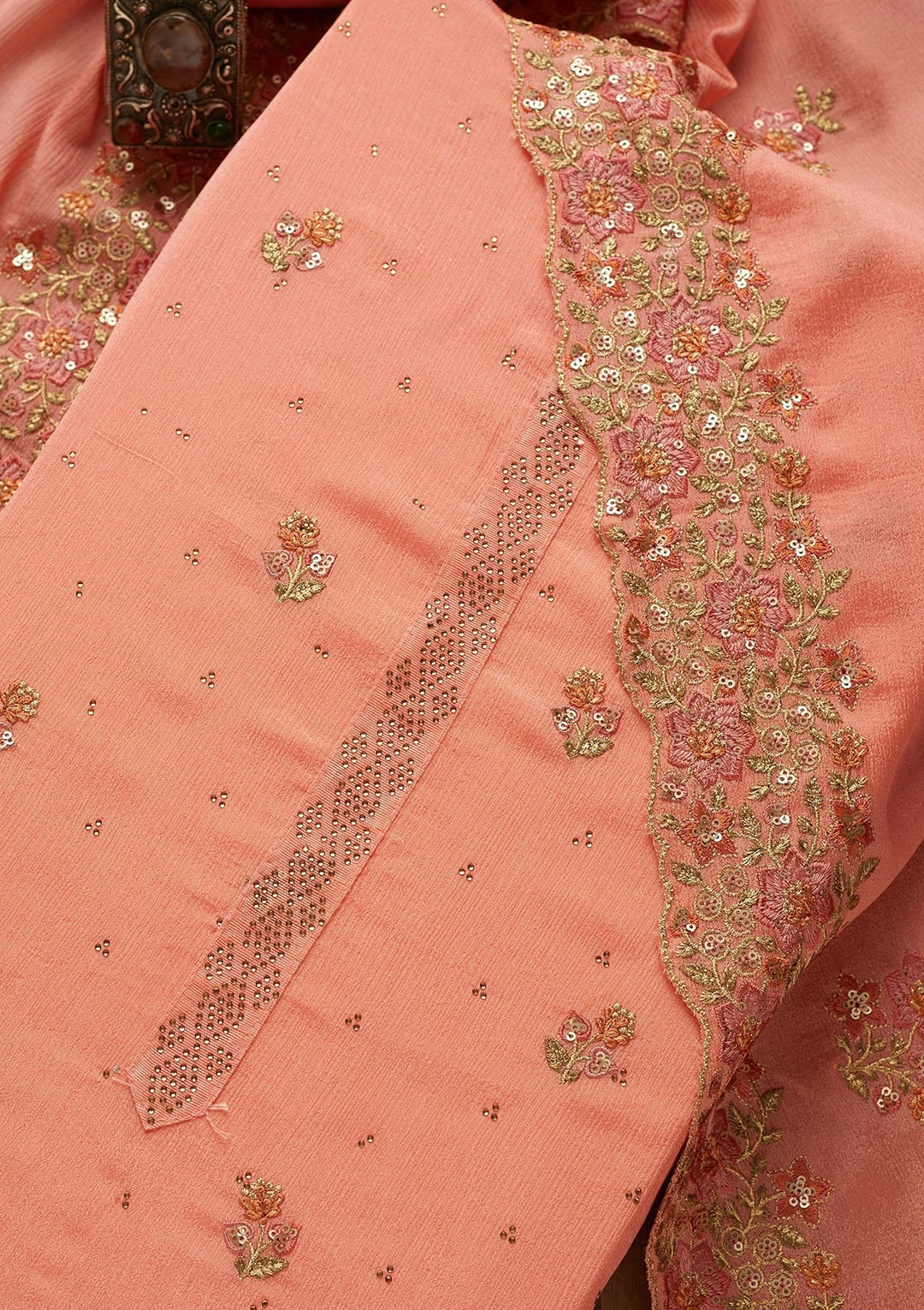 Peach Swarovski Georgette Unstitched Salwar Suit-Koskii