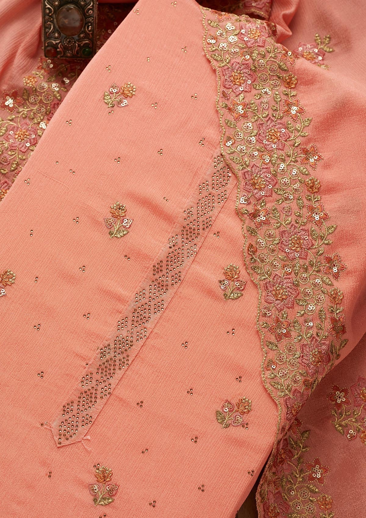 Peach Swarovski Georgette Unstitched Salwar Suit-Koskii