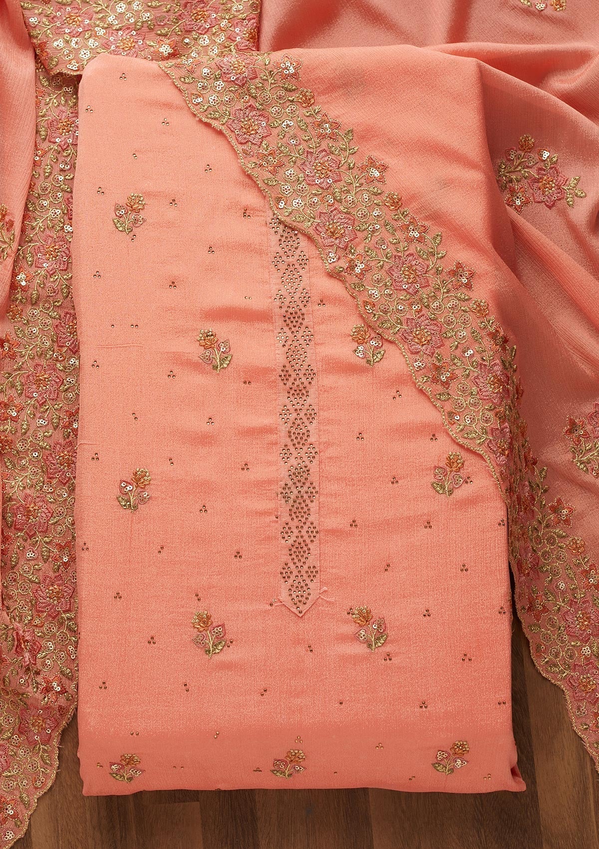 Peach Swarovski Georgette Unstitched Salwar Suit-Koskii