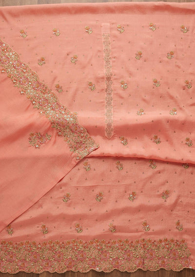 Peach Swarovski Georgette Unstitched Salwar Suit-Koskii