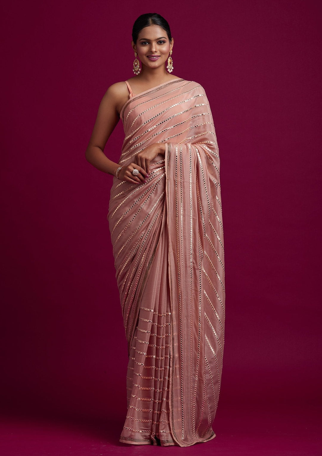 Peach Swarovski Georgette Designer Saree - koskii