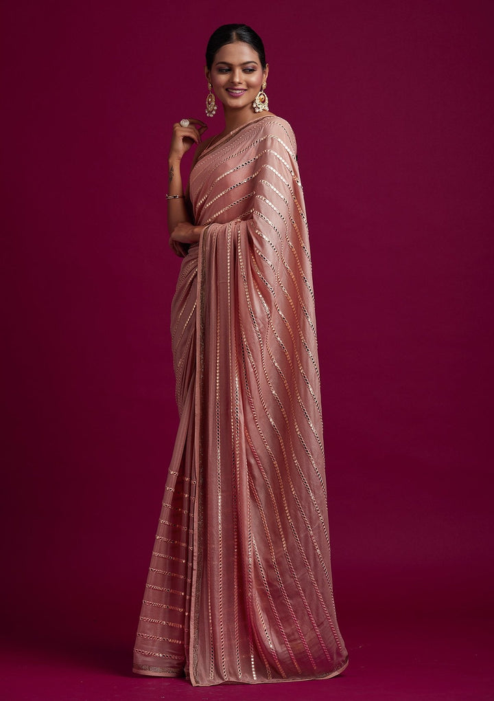 Peach Swarovski Georgette Designer Saree - koskii