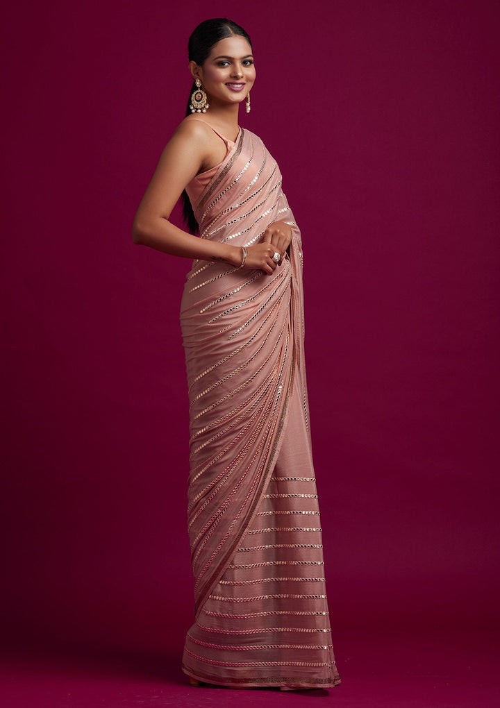 Peach Swarovski Georgette Designer Saree - koskii
