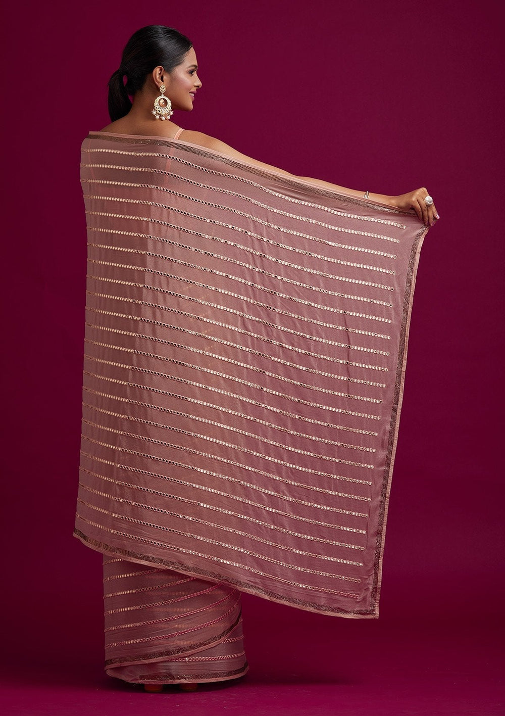 Peach Swarovski Georgette Designer Saree - koskii