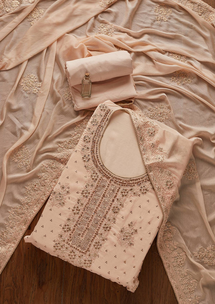 Peach Swarovski Semi Crepe Designer Unstitched Salwar Suit - koskii