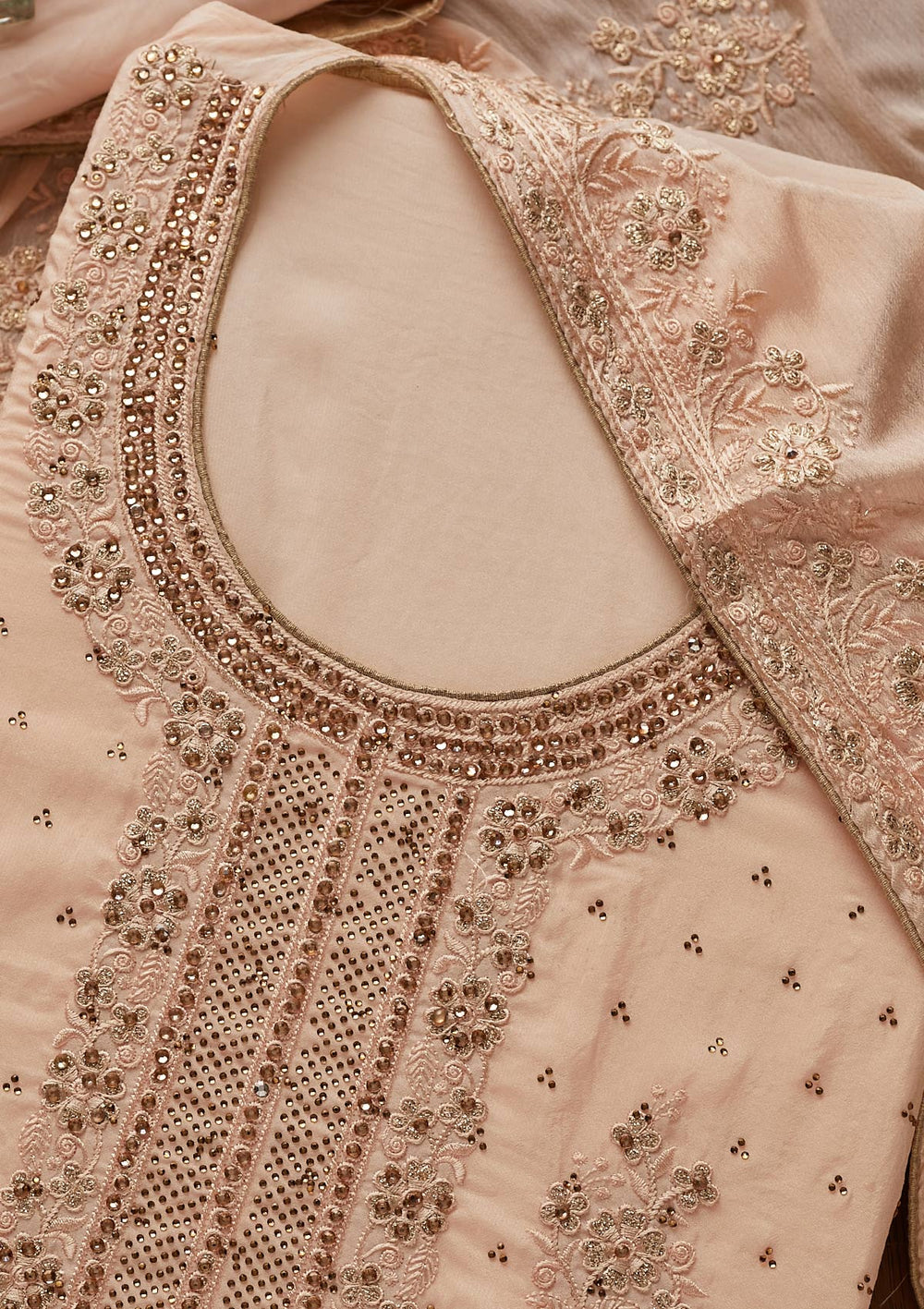 Peach Swarovski Semi Crepe Designer Unstitched Salwar Suit - koskii