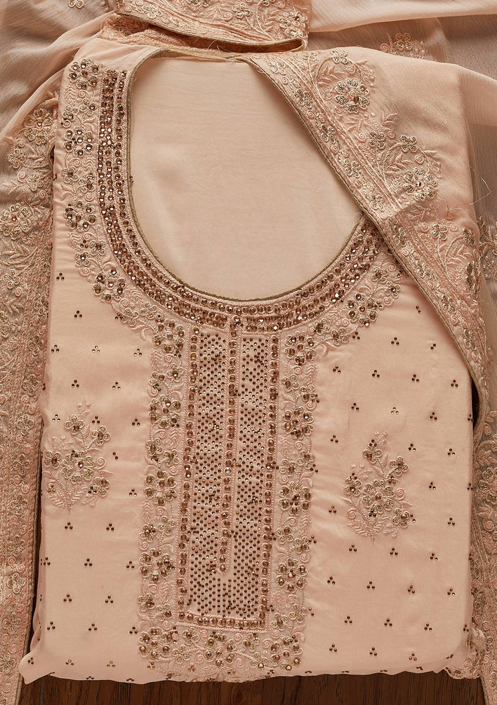 Peach Swarovski Semi Crepe Designer Unstitched Salwar Suit - koskii
