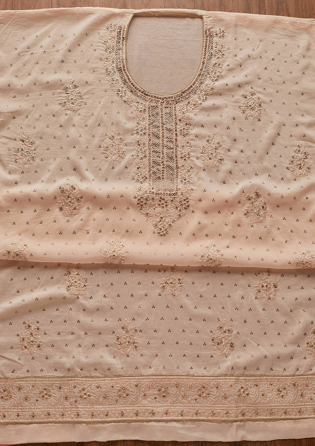 Peach Swarovski Semi Crepe Designer Unstitched Salwar Suit - koskii