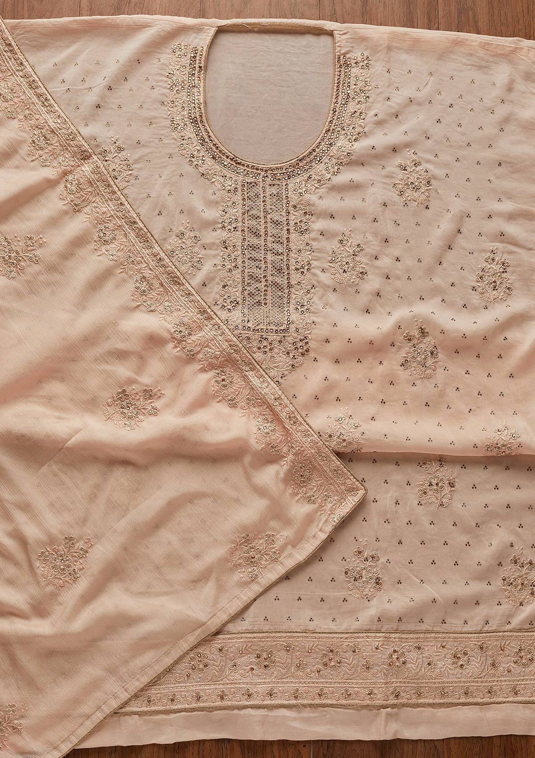 Peach Swarovski Semi Crepe Designer Unstitched Salwar Suit - koskii