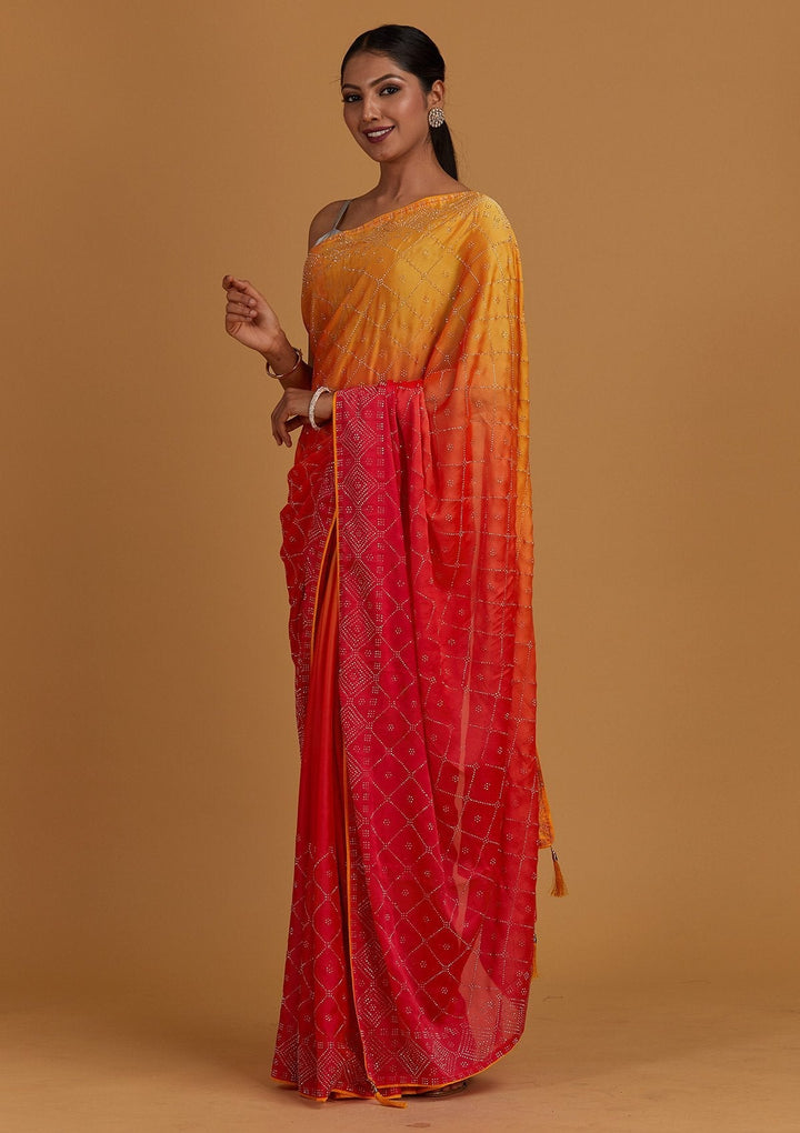 Peach Swarovski Semi Crepe Designer Saree - Koskii
