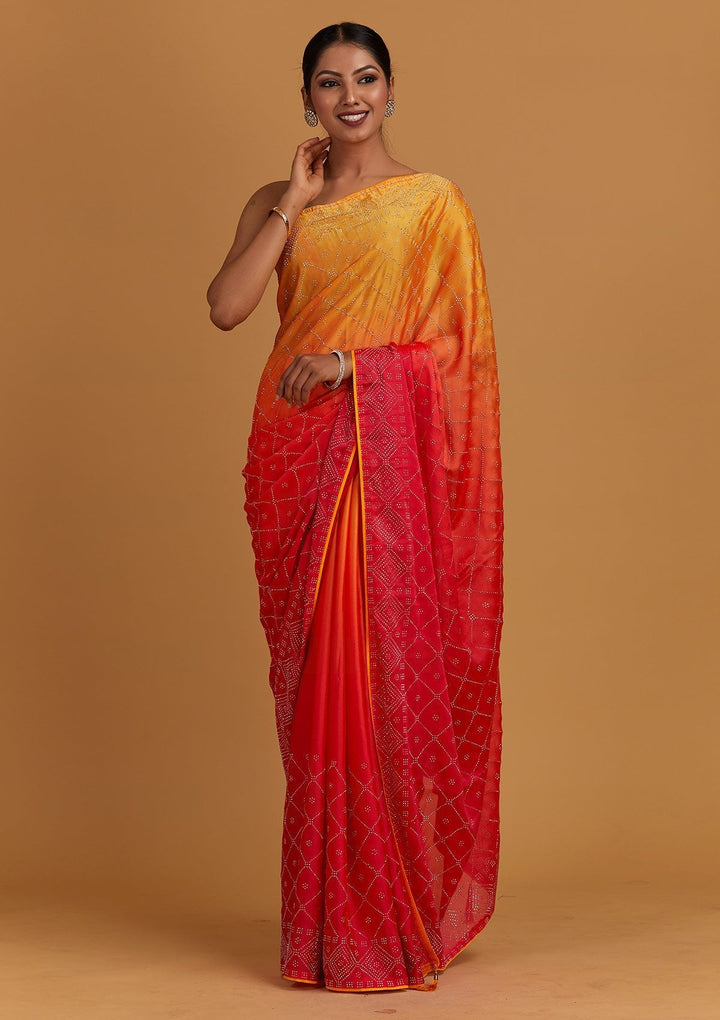 Peach Swarovski Semi Crepe Designer Saree - Koskii