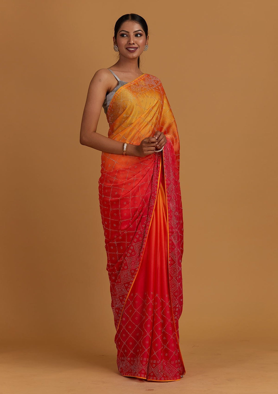 Peach Swarovski Semi Crepe Designer Saree - Koskii