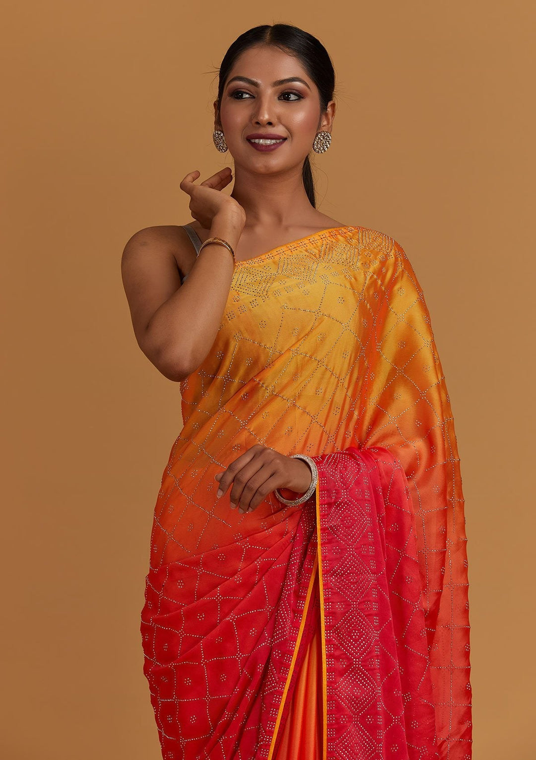 Peach Swarovski Semi Crepe Designer Saree - Koskii