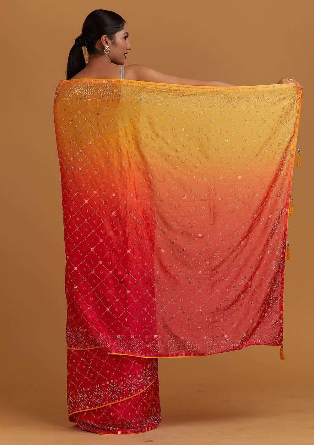 Peach Swarovski Semi Crepe Designer Saree - Koskii