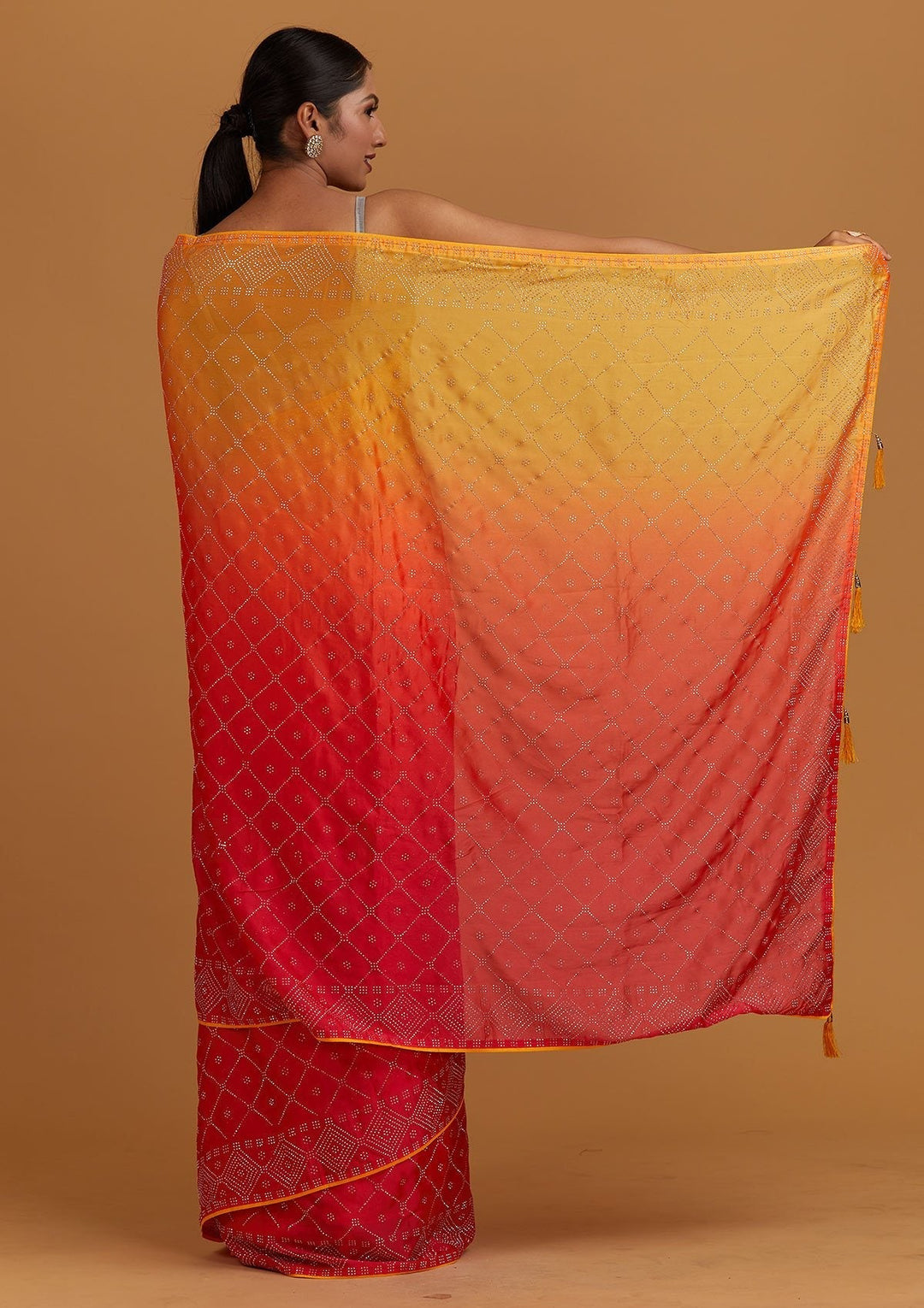 Peach Swarovski Semi Crepe Designer Saree - Koskii