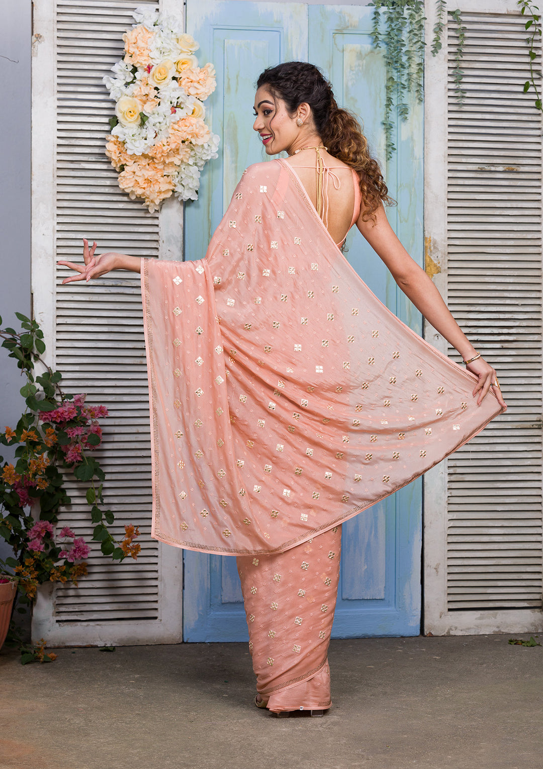 Peach Swarovski Semi Crepe Designer Saree-Koskii