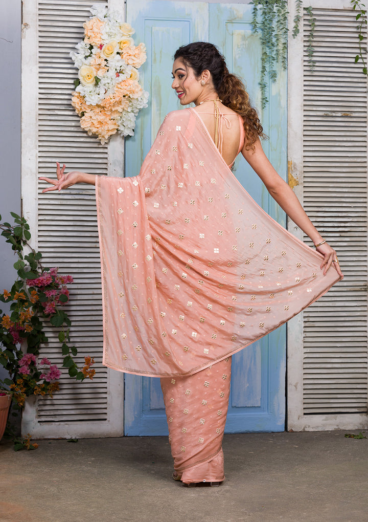 Peach Swarovski Semi Crepe Designer Saree-Koskii