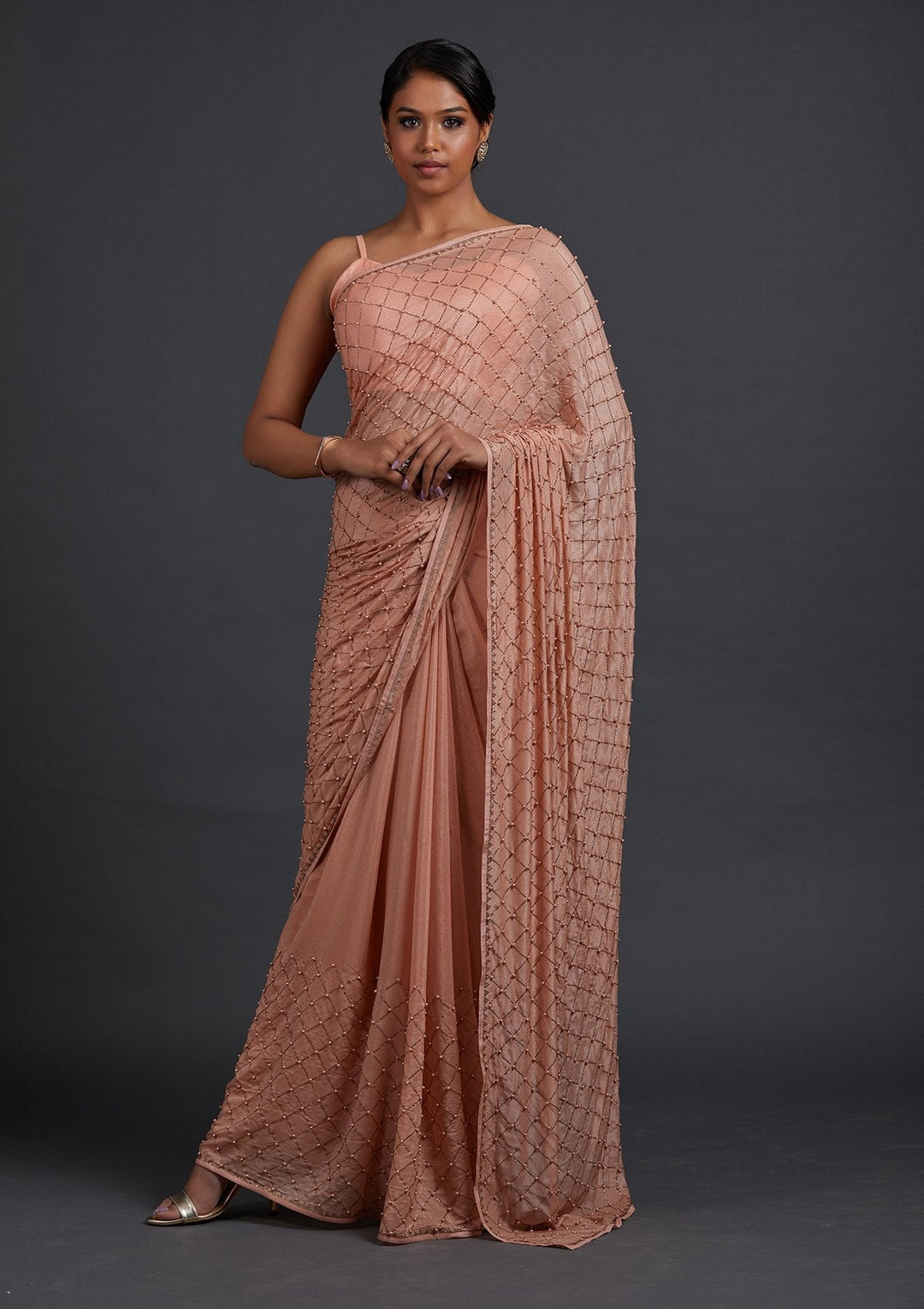 Peach Swarovski Shimmer Designer Saree - Koskii