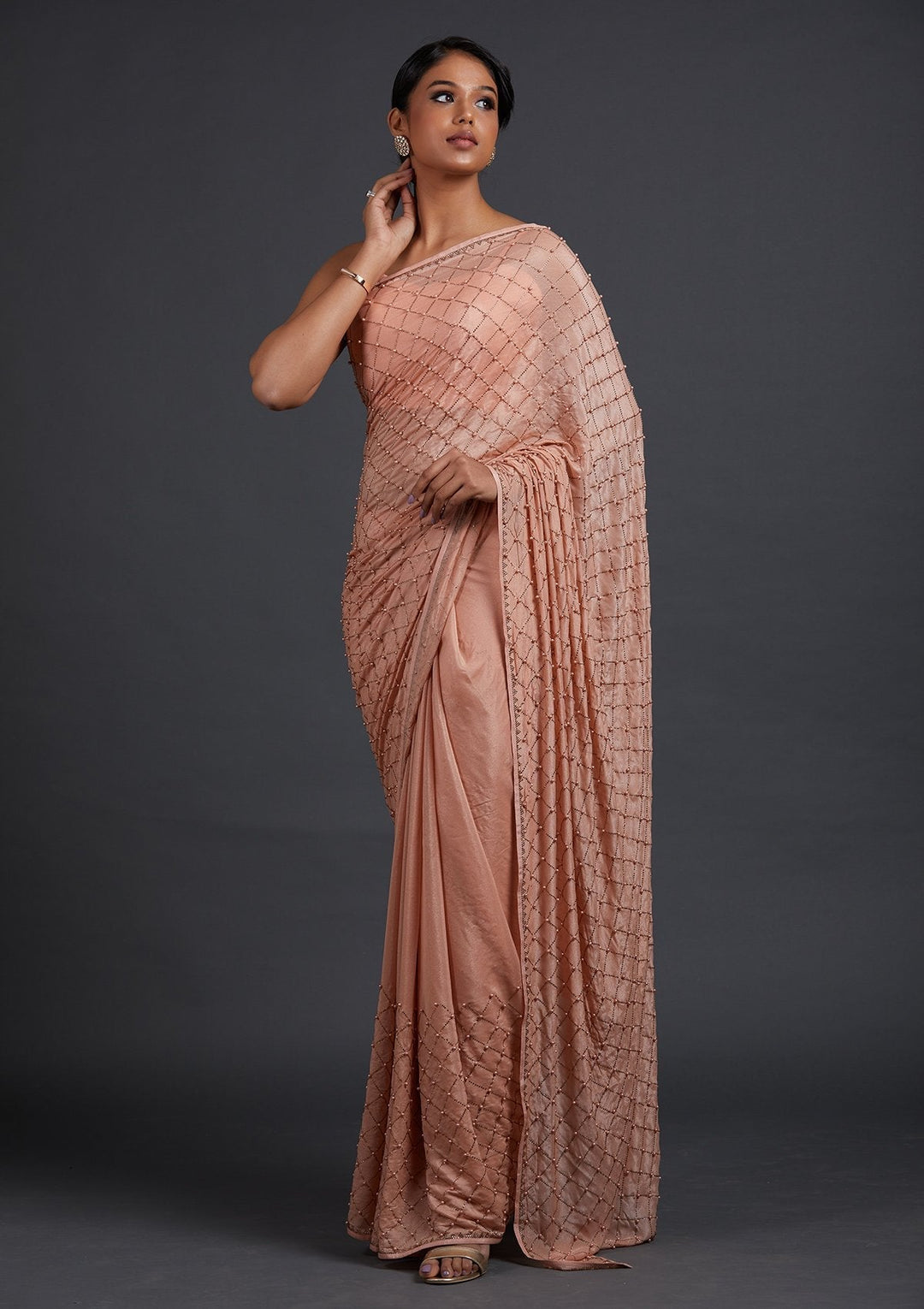 Peach Swarovski Shimmer Designer Saree - Koskii