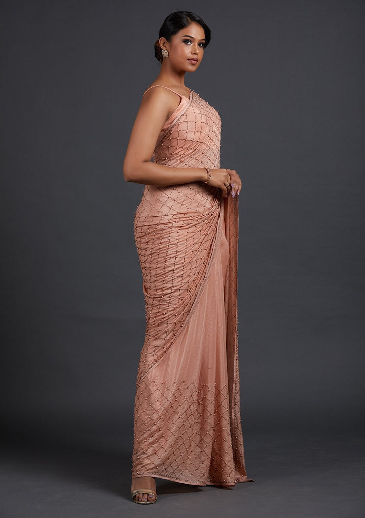 Peach Swarovski Shimmer Designer Saree - Koskii