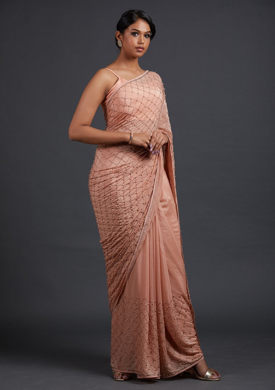 Peach Swarovski Shimmer Designer Saree - Koskii
