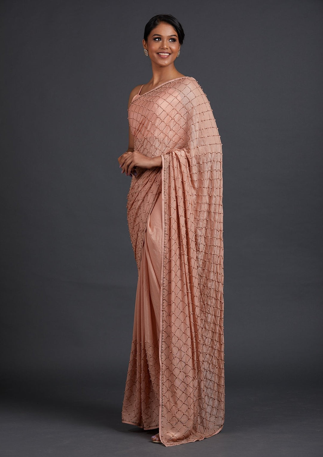 Peach Swarovski Shimmer Designer Saree - Koskii