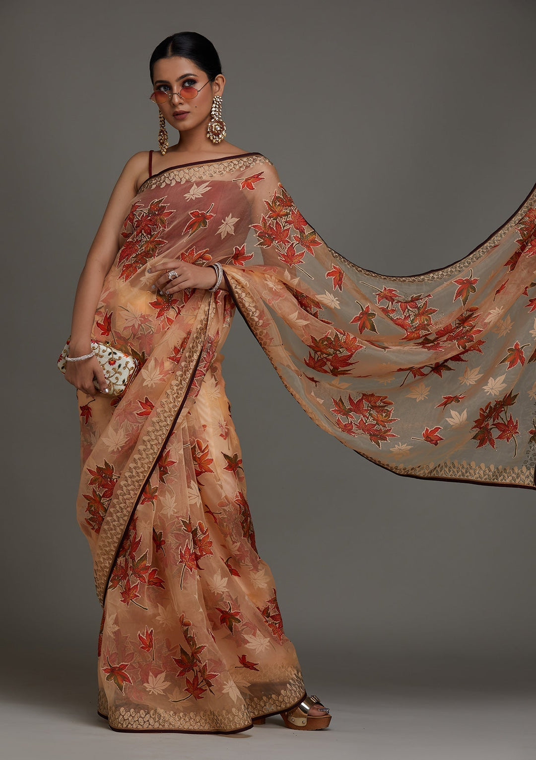 Peach Swarovski Shimmer Saree- Koskii