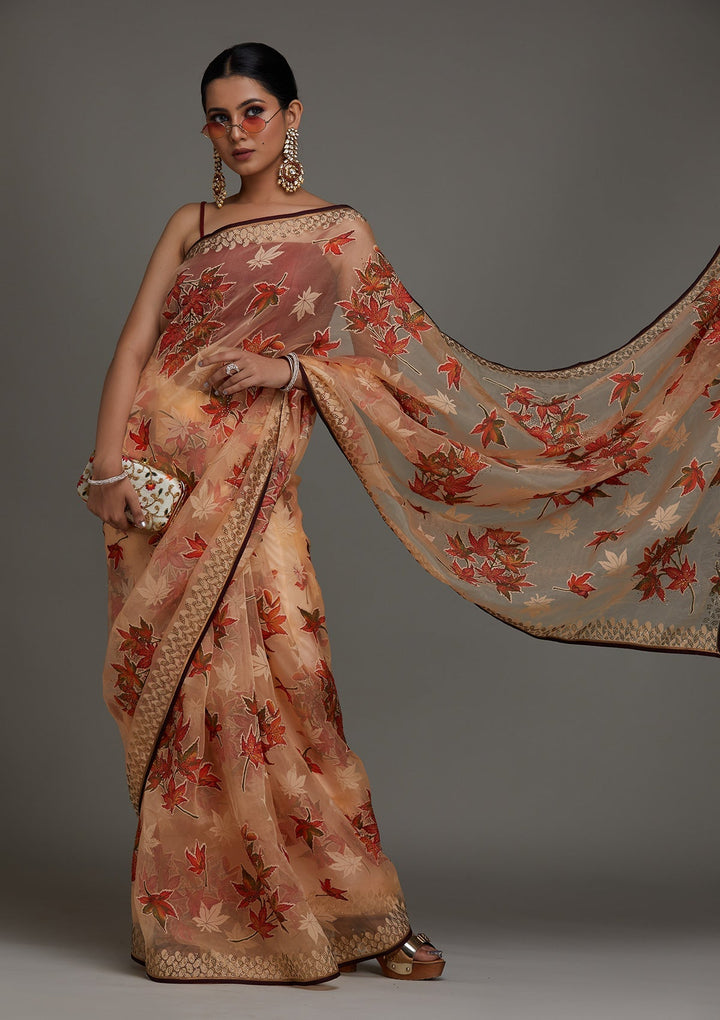 Peach Swarovski Shimmer Saree- Koskii