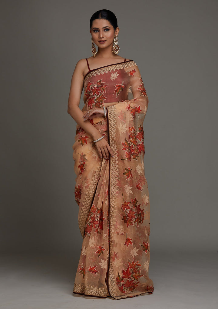 Peach Swarovski Shimmer Saree - Koskii