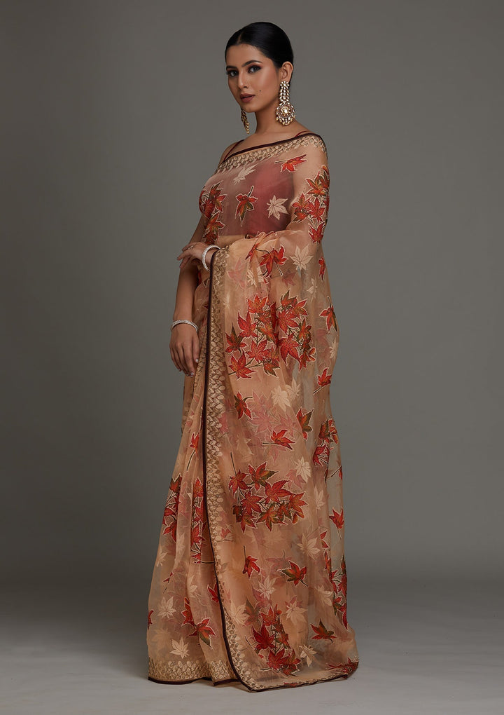 Peach Swarovski Shimmer Saree - Koskii