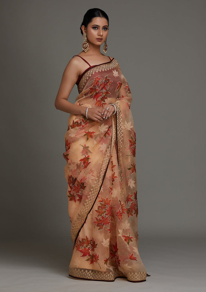 Peach Swarovski Shimmer Saree - Koskii