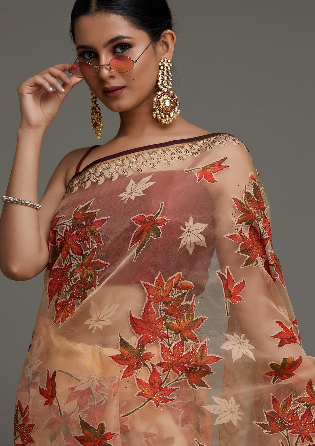 Peach Swarovski Shimmer Saree - Koskii
