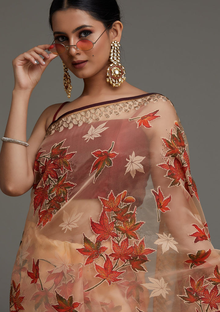 Peach Swarovski Shimmer Saree - Koskii