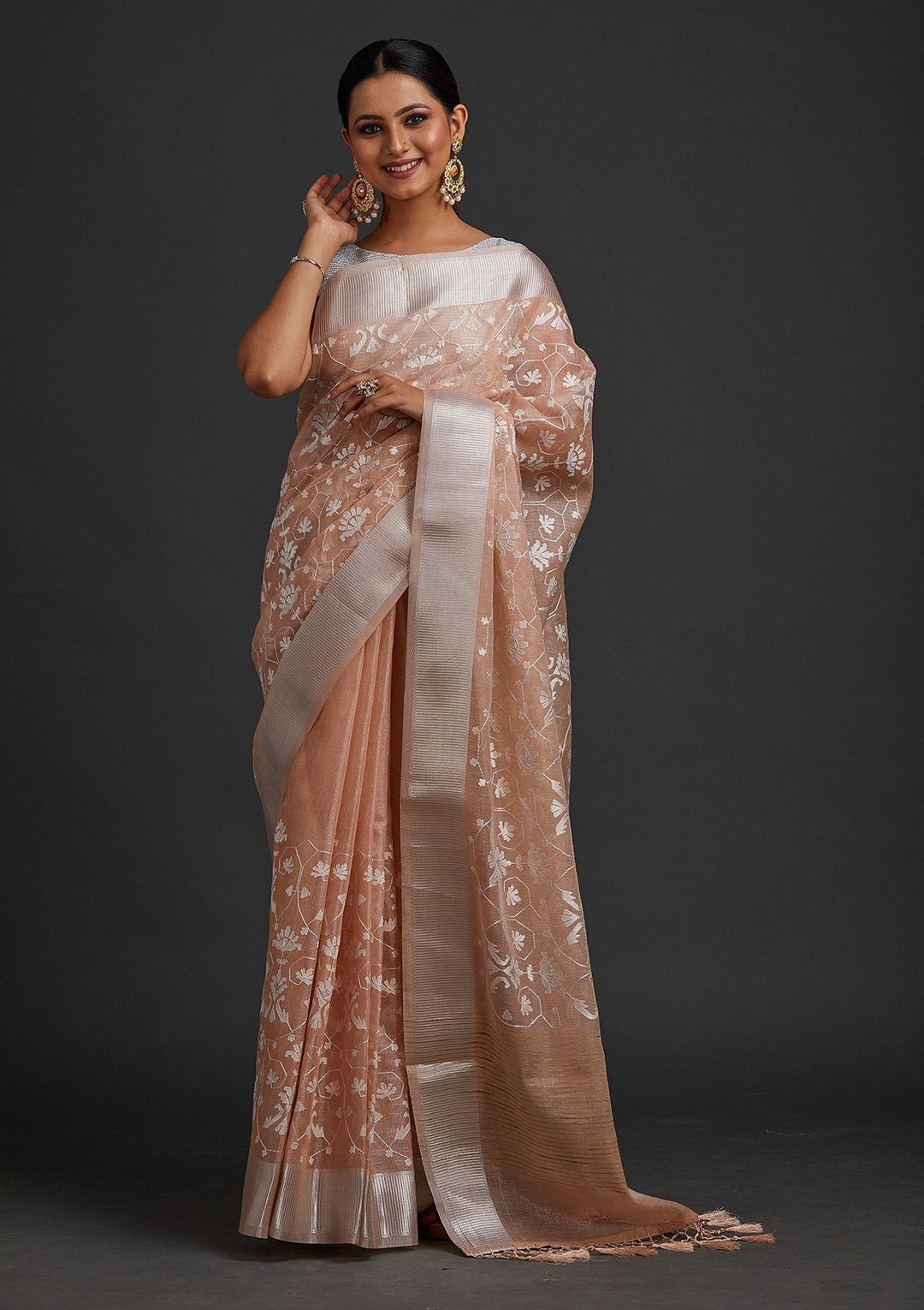 Peach Threadwork Art Silk Designer Saree - koskii