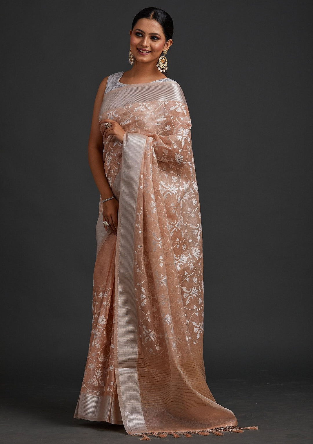 Peach Threadwork Art Silk Designer Saree - koskii