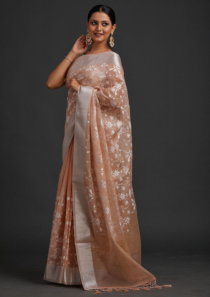 Peach Threadwork Art Silk Designer Saree - koskii