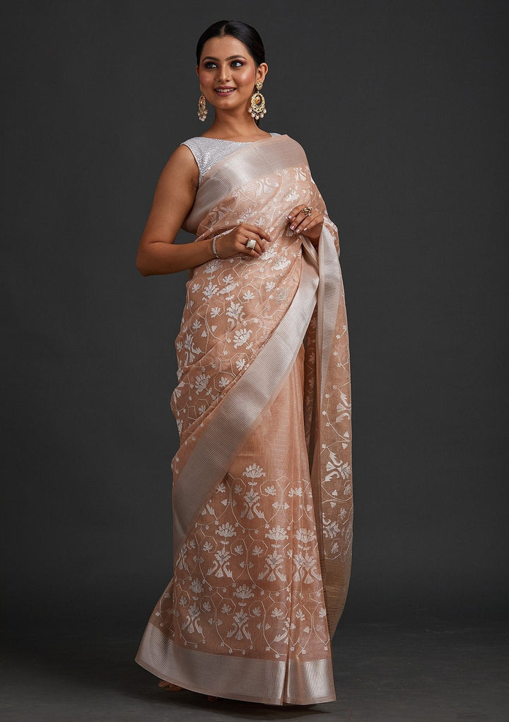Peach Threadwork Art Silk Designer Saree - koskii