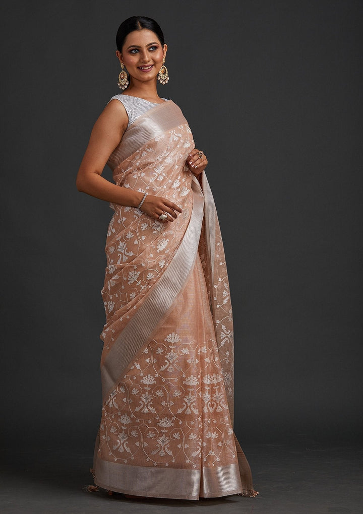 Peach Threadwork Art Silk Designer Saree - koskii