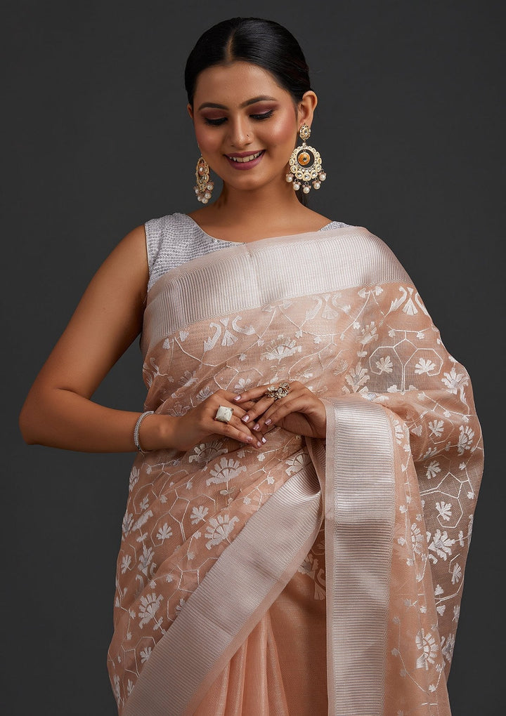 Peach Threadwork Art Silk Designer Saree - koskii