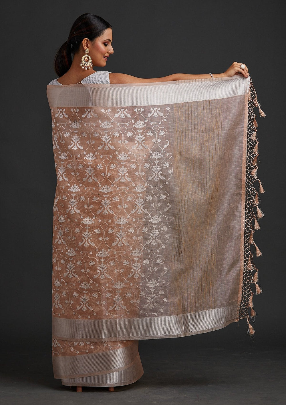 Peach Threadwork Art Silk Designer Saree - koskii
