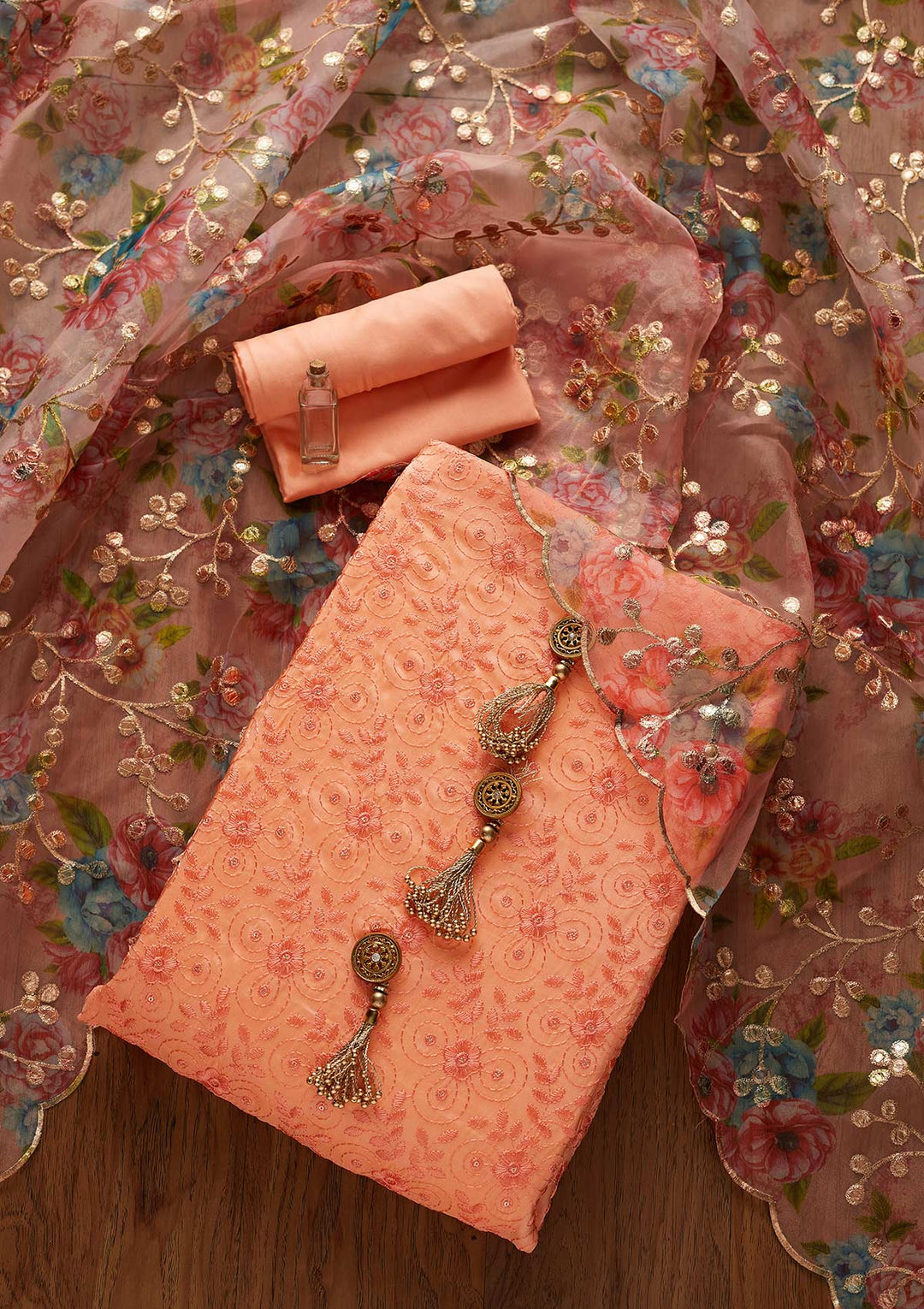 Peach Threadwork Chanderi Designer Unstitched Salwar Suit - koskii