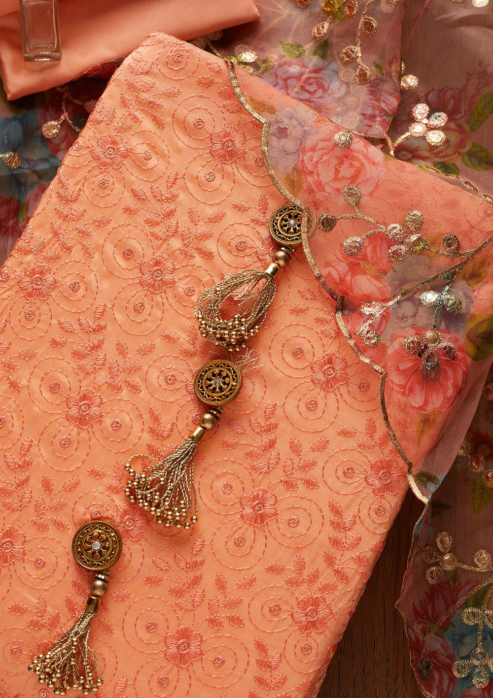 Peach Threadwork Chanderi Designer Unstitched Salwar Suit - koskii
