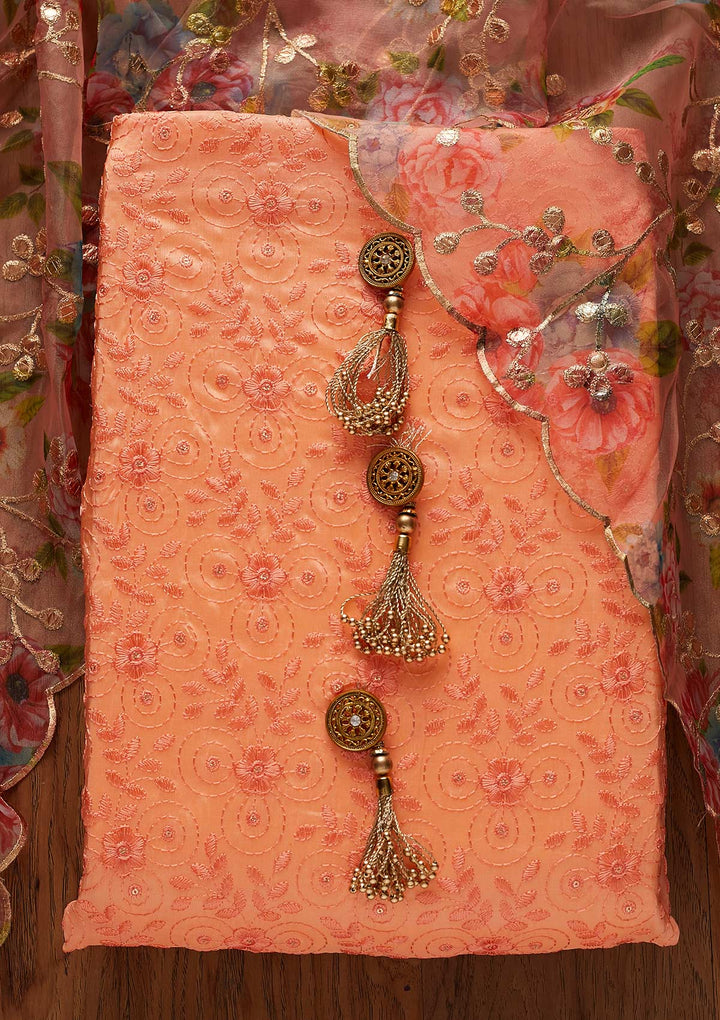 Peach Threadwork Chanderi Designer Unstitched Salwar Suit - koskii