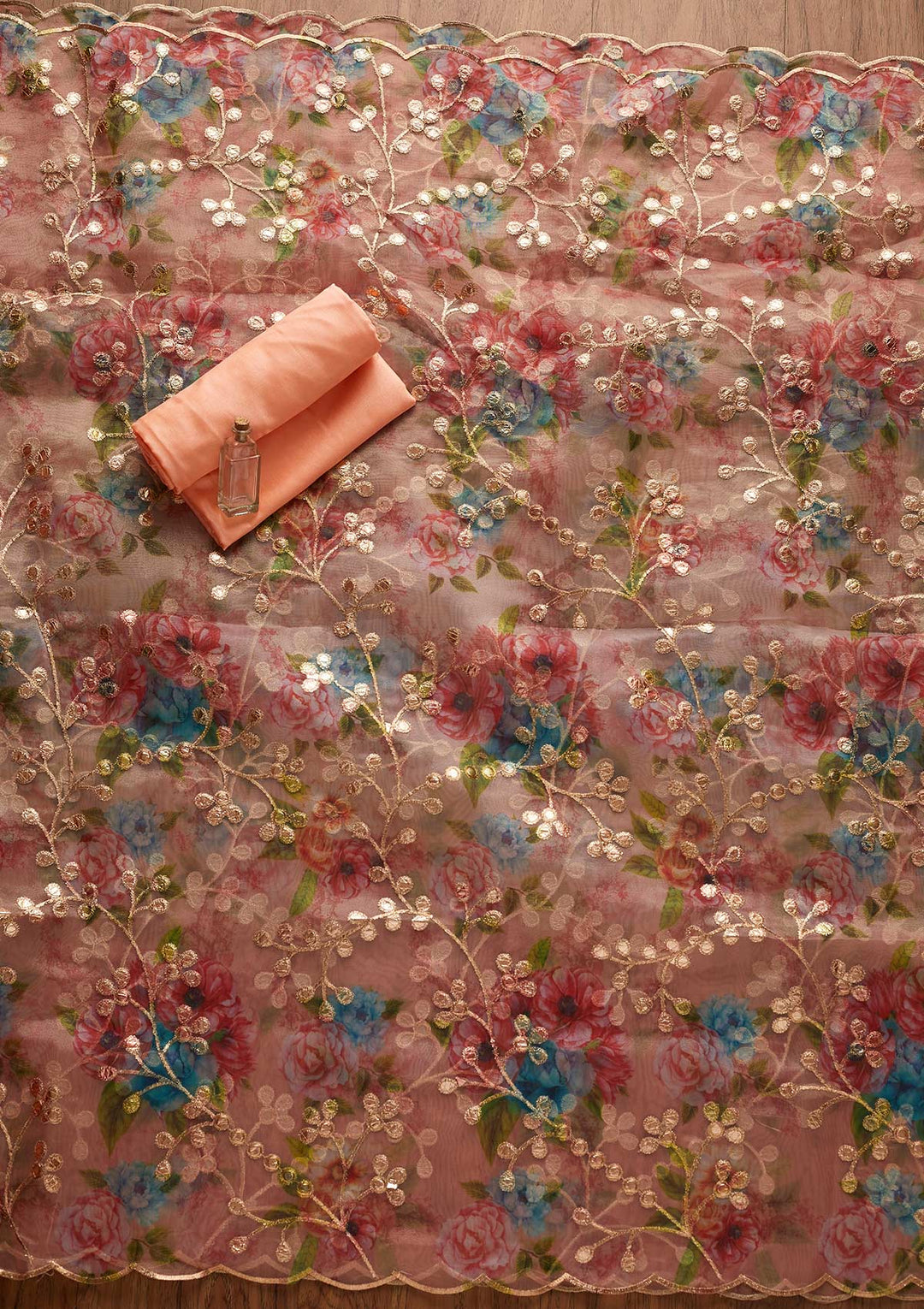 Peach Threadwork Chanderi Designer Unstitched Salwar Suit - koskii