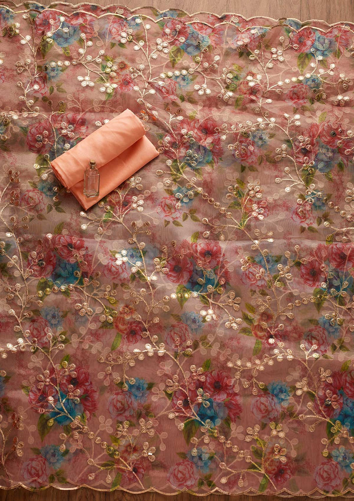 Peach Threadwork Chanderi Designer Unstitched Salwar Suit - koskii