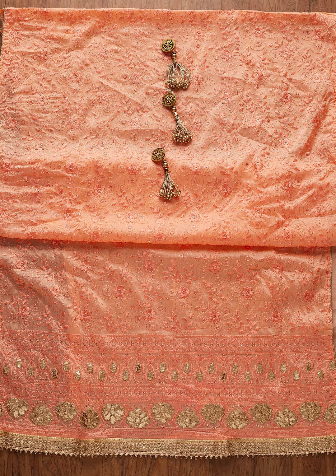 Peach Threadwork Chanderi Designer Unstitched Salwar Suit - koskii