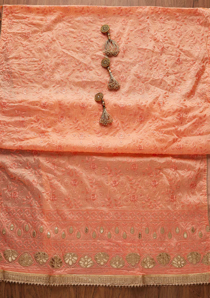 Peach Threadwork Chanderi Designer Unstitched Salwar Suit - koskii