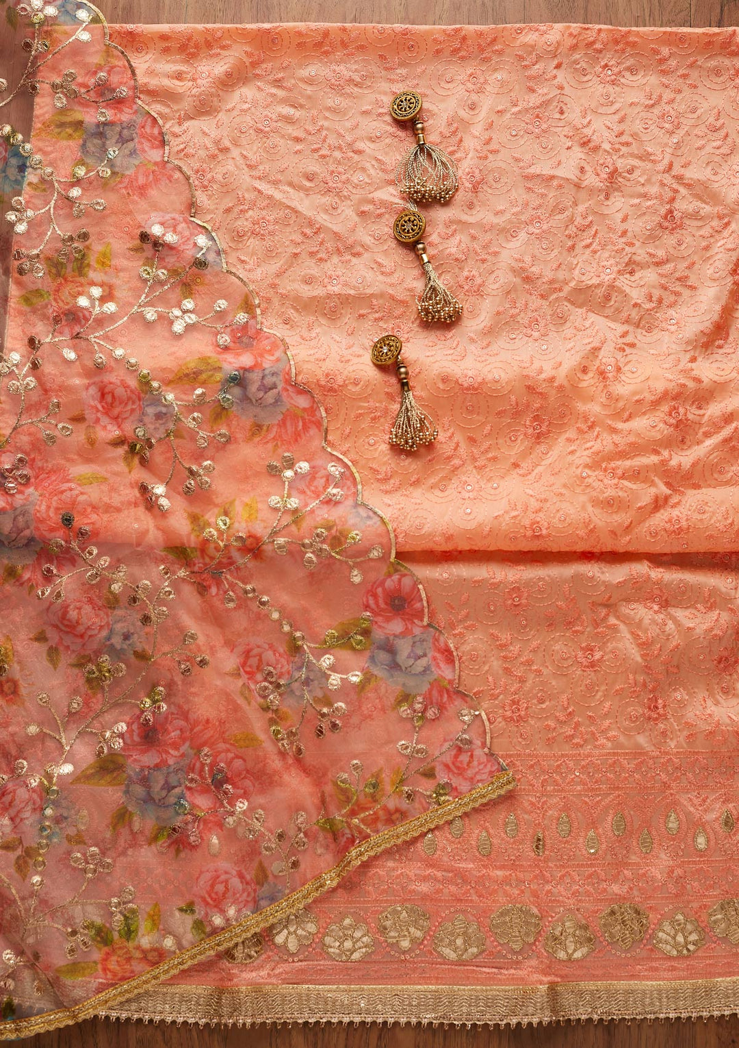 Peach Threadwork Chanderi Designer Unstitched Salwar Suit - koskii